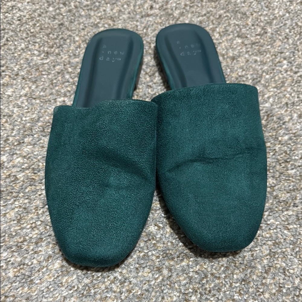 Dark Green Suede Slip-On Mules